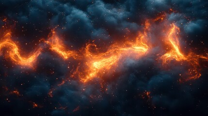 Naklejka premium A dramatic depiction of fiery orange light contrasting against dark, smoky clouds, evoking a sense of power and intensity.