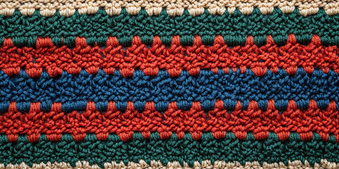 Fototapeta premium Horizontal close-up of a vibrant striped crochet fabric with alternating colorful rows of green, red, and blue yarn. Great for textile, fashion, or craft-related designs.
