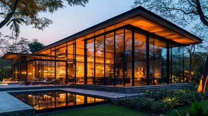 Obraz premium Modern Glass House with Warm Ambient Lighting