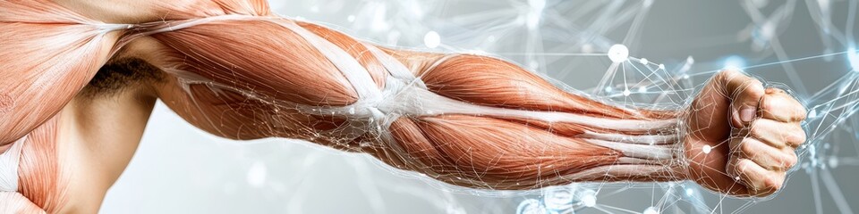 Fototapeta premium Close-up of muscular arm flexing with holographic muscle anatomy overlay, futuristic medical, high detail, cool tones.
