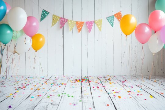 Festive birthday party background with balloons, bunting, and confetti on white wooden floor.