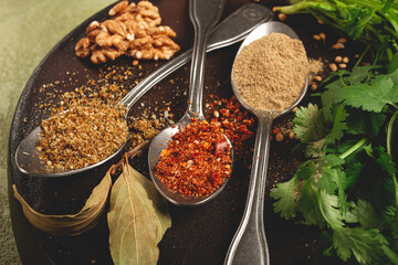 Georgian spices in spoons, on ketsi, top view, no people,