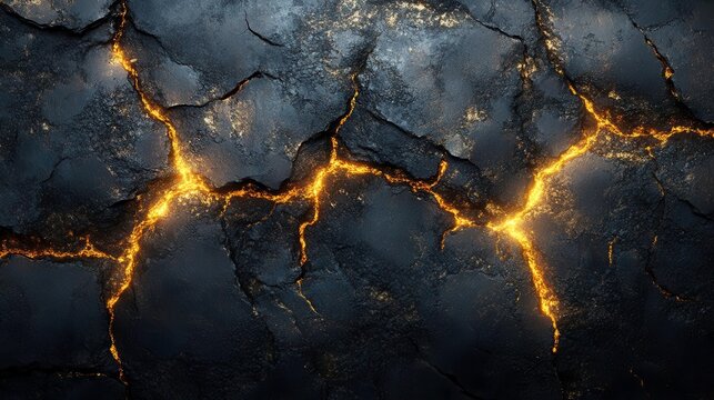 A dark, cracked surface illuminated by glowing orange fissures, creating a dramatic contrast and an otherworldly atmosphere.