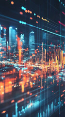 Fototapeta premium Financial charts overlaying blurred urban nightscape, representing economic insights and digital transformation