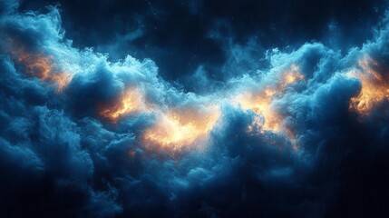 A vibrant, swirling mass of dark clouds illuminated by fiery orange and blue hues, creating a dramatic celestial scene.