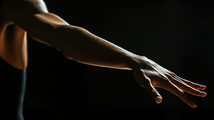 Elegant arm reaching out toward the light in a dramatic low-light setting during a dance performance