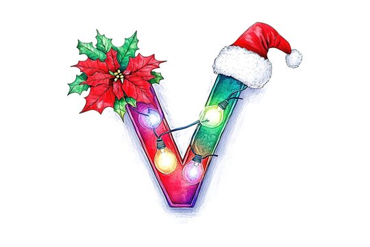 Festive Christmas Letter V: Colorful, Ornate, Holiday Design Element red font snow gift tree bell   