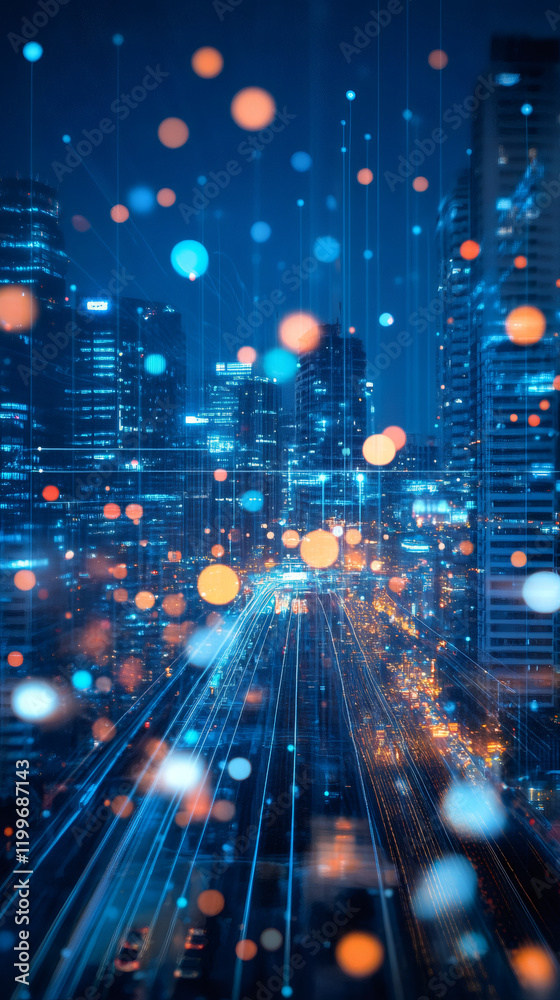 Fototapete Data lines connecting a futuristic smart city at night with a beautiful bokeh effect, symbolizing the internet of things