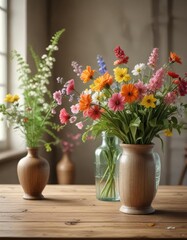 A vintage-inspired wooden table with a blurred background of a spring-themed still life featuring flower arrangements and vases, botanical prints, soft colors