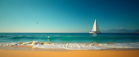 Obraz premium Serene sailboat glides across turquoise waters, a tranquil beach scene unfolds before a distant mountain range. Waves gently caress the golden sand, creating a picturesque summer escape.