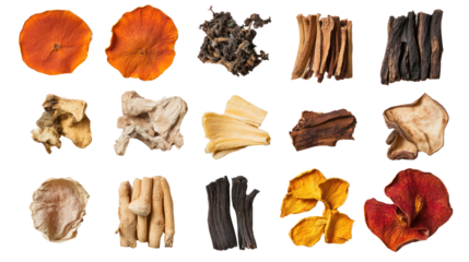 A vibrant collection of various dried herbs and spices arranged on a white background, showcasing their unique shapes and colors for culinary inspiration.