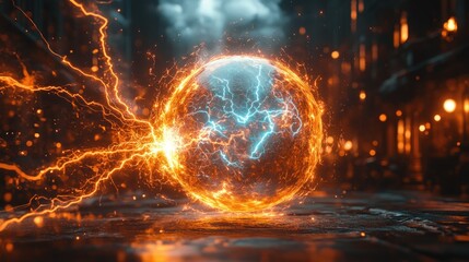 Obraz premium Fiery orb, crackling energy, urban backdrop.