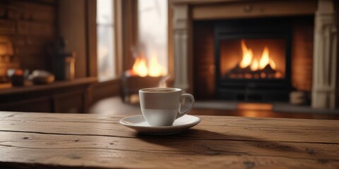 a warm cup of coffee is placed on a worn wooden table in front of a fireplace, winter scene, crackling sound