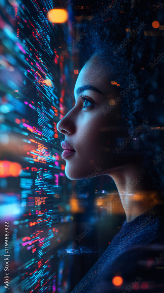 Poster female programmer analyzing source code on transparent display, night cityscape overlay, highlightin