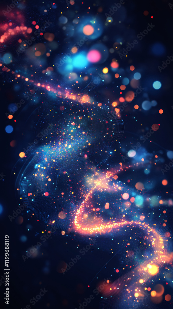 Aufkleber vibrant particles dancing, forming luminous bokeh patterns against deep digital darkness