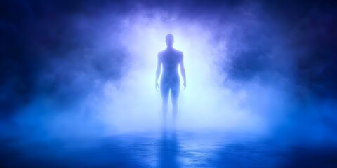 A silhouette of a figure stands in a misty, illuminated area, creating a mysterious and ethereal atmosphere. Concept Silhouette Photography, Mysterious Atmosphere, Ethereal Lighting