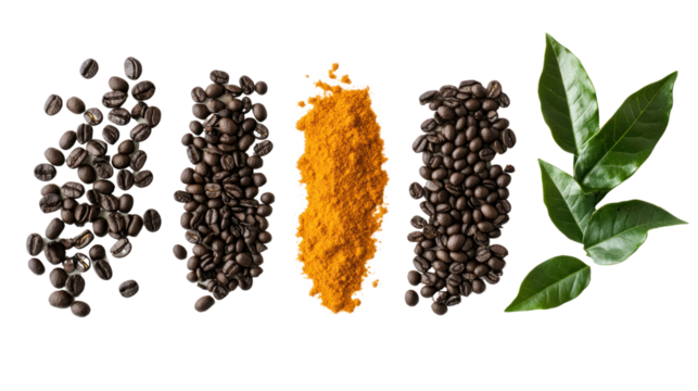 A vibrant arrangement of various spices including black beans, turmeric powder, and bay leaves on a white background.