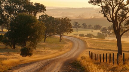Fototapeta premium A dusty rural road stretches through the warm glow of the golden hour, framed by gently rolling hills and a serene countryside view.