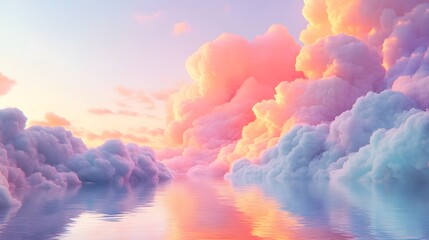 Dreamy Cloudscape with Vibrant Sunset Colors Reflecting on Calm Water Surfaces at Dusk
