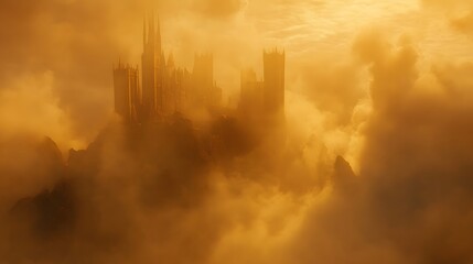 Fototapeta premium Ethereal Castle Rising Above Soft Clouds in Golden Light at Dusk