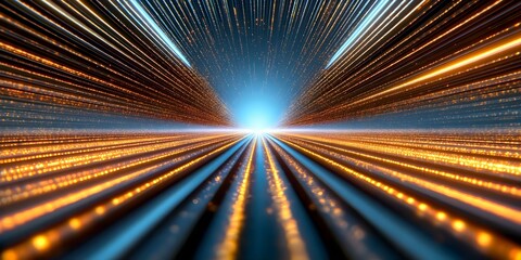 Obraz premium A dynamic representation of light rays converging towards a bright central point, creating a sense of speed and depth. Concept Light Ray Convergence, Dynamic Speed Effect, Visual Depth Creation