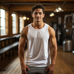 muscular White man standing and wearing a plain white tank top, blank plain white tank top mockup