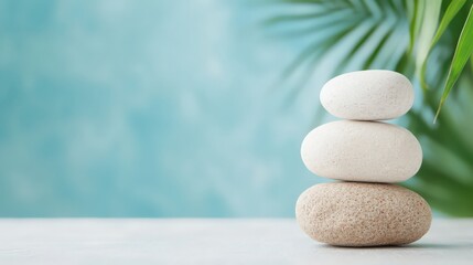 Three white rocks are stacked on top of each other on a table