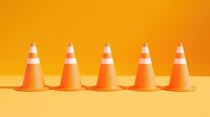 A few orange traffic cones stand neatly in a line, their vivid color standing out against the muted background.