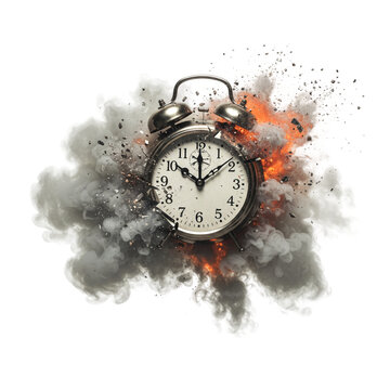 Exploding Alarm Clock Time Bomb Dramatic Concept Image Design art fire smoke metal power chaos      
