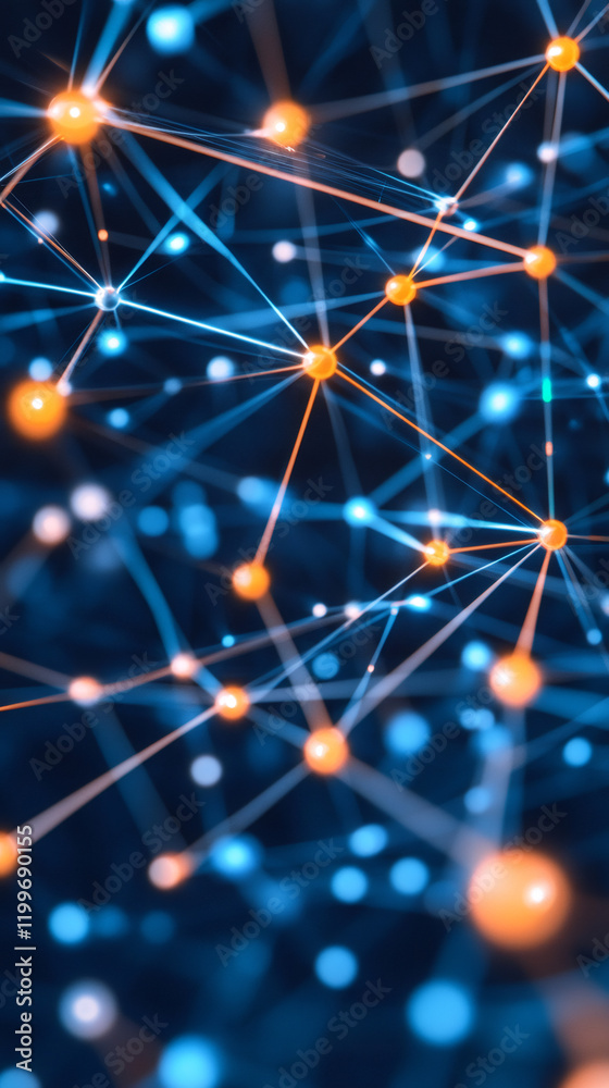 Poster Complex network nodes are transferring data, creating a futuristic visualization of digital communication and interconnected systems