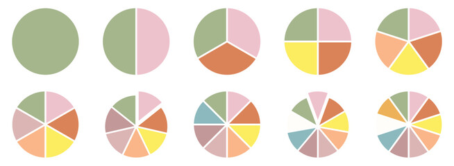 Set of Pie chart color wheel of business report infographic. Colorful Circle section graph and segment. 2,3,4,5,6,7,8,9,10,11,12 slice steps process cycle. Progress sector round diagram part symbol.