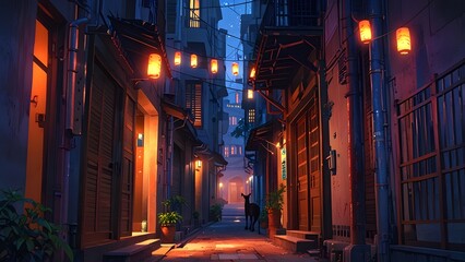 Fototapeta premium Cozy Urban Street Illuminated by Lantern Lights