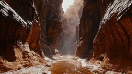 Sunlit Stream Flowing Through a Narrow Canyon