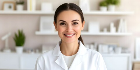A smiling woman wearing a lab coat stands in a bright, modern workspace with shelves and plants in the background. Concept Lab Coat Professional, Bright Workspace, Modern Office, Shelves and Plants