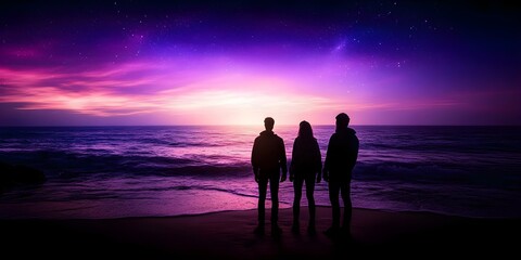 Three silhouetted figures stand on a beach at sunset, gazing at a colorful sky over the water. Concept Silhouetted Figures, Beach Sunset, Colorful Sky, Ocean View, Tranquil Scene