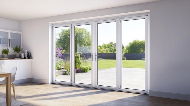 Fototapeta A bright interior with large glass doors leading to a garden.