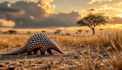 Obraz premium Pangolin walking across a dry golden landscape at sunset with scattered trees and dramatic clouds