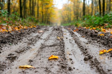 Obraz premium Muddy trails and scenic adventures. Muddy trail surrounded by trees in autumn colors.