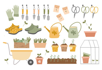 Clipart set of gardening tools, equipment, flowerpots. Agricultural items for spring growing garden. Hand drawn vector illustration isolated on transparent background © Natali