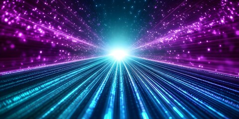 A vibrant visual of light beams and particles creating a sense of movement towards a bright source in a colorful space. Concept Light Beams, Particle Movement, Colorful Space, Dynamic Visuals