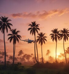 A small plane flying above a field of tall palm trees at dawn , sky, clouds