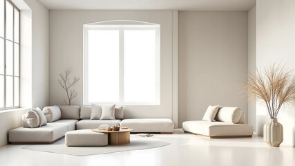 Fototapeta premium Timeless Serenity : Minimalist Interiors with Neutral Shades Featuring Clean Lines, Beige and White Accents, and a Calm Aesthetic for a Balanced Modern Living Space 