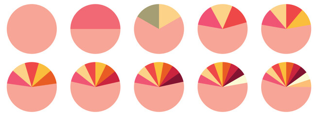 Set of Pie chart color wheel of business report infographic. Colorful Circle section graph and segment. 2,3,4,5,6,7,8,9,10,11,12 slice steps process cycle. Progress sector round diagram part symbol.