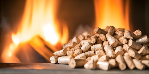 A close-up of wood pellets with a warm, glowing fire in the background. Concept Wood Pellets Details, Warm Fire Glow, Close-Up Photography, Cozy Atmosphere, Natural Fuel Source