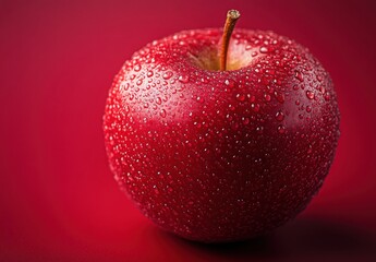 Fresh Red Apple with Water Droplets on Surface, Captivating Close-Up of Juicy Fruit on Red Background, Perfect for Healthy Lifestyle and Nutrition Themes