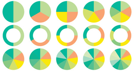 Set of Pie chart color wheel of business report infographic. Colorful Circle section graph and segment. 2,3,4,5,6,7,8,9,10,11,12 slice steps process cycle. Progress sector round diagram part symbol.