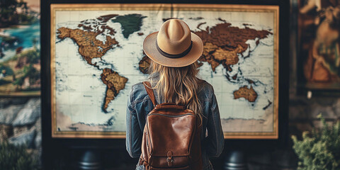 A traveler with a leather backpack and a straw hat gazes at a vintage world map. Great for travel blogs, adventure designs, or exploration-themed visuals.
