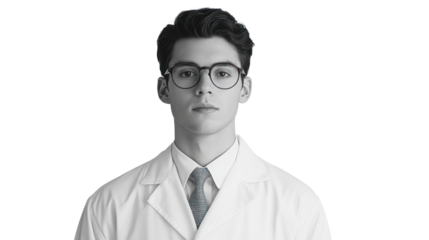 A serious young man in a lab coat, wearing glasses, poses against a white background, embodying professionalism and focus in the medical field.