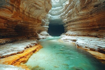 Crystal-clear turquoise water flows through a narrow canyon with towering rock walls