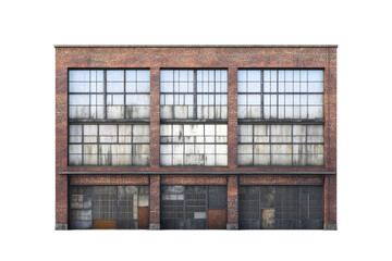Old brick warehouse with large windows and weathered facade in an urban setting isolated on transparent background